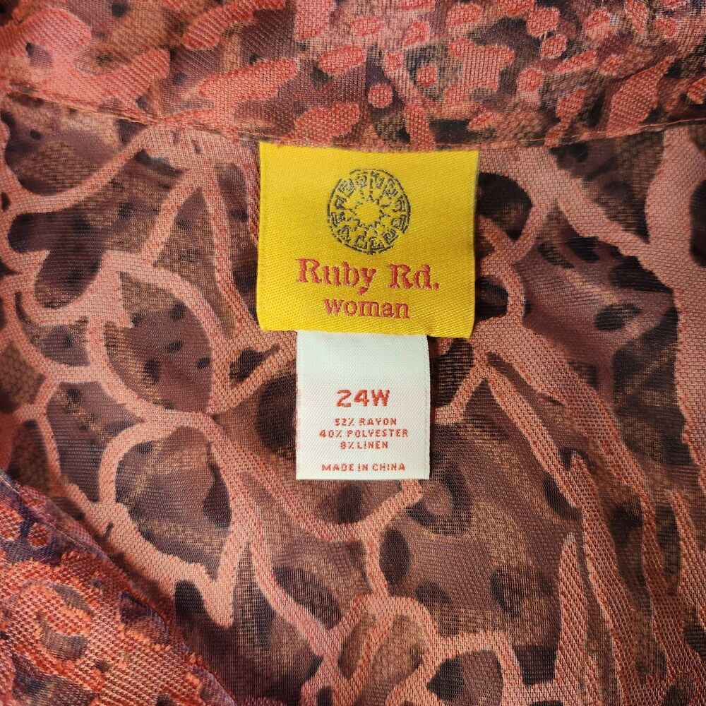 Ruby Rd Animal Print Button Down Blouse Coral Pink Long Sleeve Women’s 24W - Picture 8 of 9